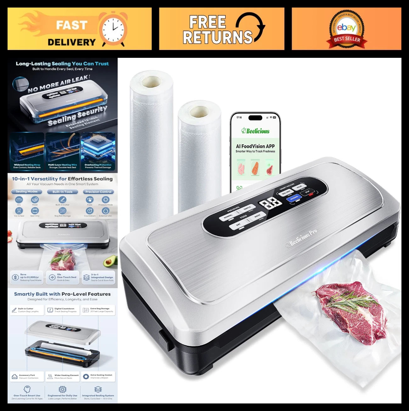 Vacuum Sealer Machine - 10-in-1 Food Saver, Dry & Moist Modes, Compact Design, D