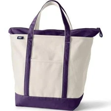 Lands End Extra Large Natural Zip Top Canvas Tote Bag BLACKBERRY PURPLE NEW