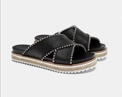 Zara Sandals Black Silver Studded Cross Strap Slides Women 6.5 Open Toe Slip On