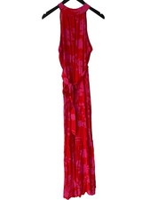 Tiered Maxi Dress Size Large Floral Sleeveless Tie Waist Red Pink Bohemian Beach