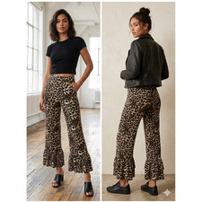 Leopard Print Ruffle Hem High Waist Wide Leg Palazzo Pants stretchy Size Small