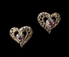 14K 11mm Solid Yellow Gold Red Ruby Gemstone Filigree Heart Earrings kz