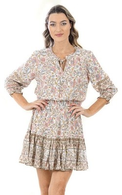 WALKER & WADE Ibiza Oatmeal X-Small Floral Print Mini Dress Pink Brown Ruffle