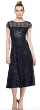 Brand New - SL NY Fashions Size 2 Sequined Lace Cap-Sleeve Midi Dress Black