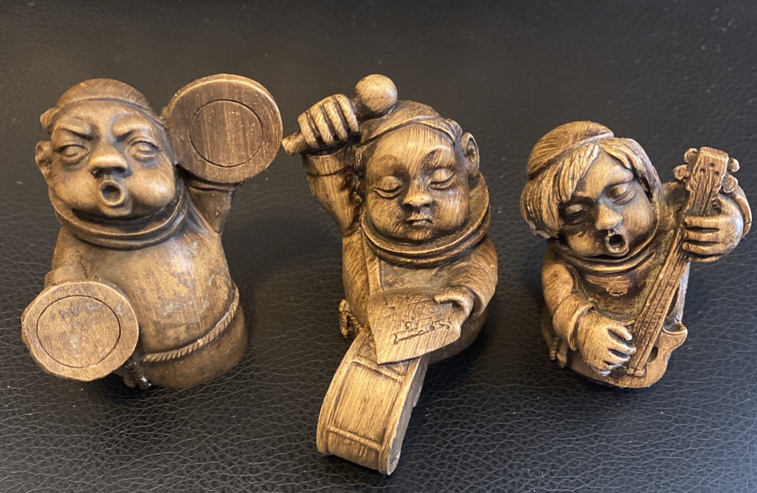 Japanese Style Musician Figurines Resin Netsuke Carved Wood Look Set of 3