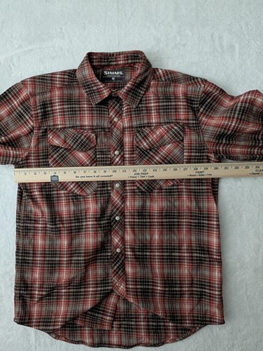 Simms Fishing Shirt Mens Medium Red Brown Plaid Pearl Snap Button Flannel - Picture 12 of 15
