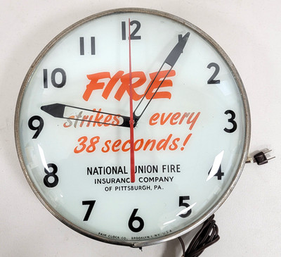 Vintage National Union Fire Insurance Company Light Up Advertising Clock 15''x 3''