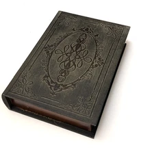 Vintage Decorative Jewelry Storage Wooden Book Box Antique Brown Scroll 8.5"x12"