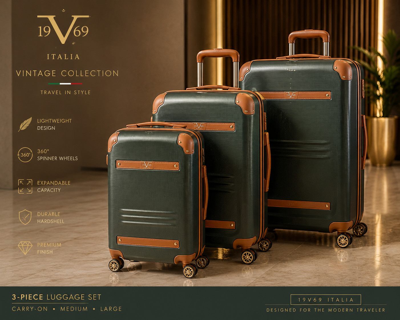 19V69 Italia Vintage Collection 3-Piece Hardside Luggage Set Green Expandable NE