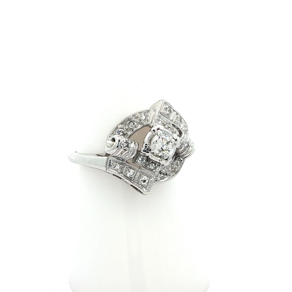 Anillo de derivación de trabajo con pergamino milgrain diamantes 0,38 ctw platino mediados de siglo vintage Foto 3 de 4