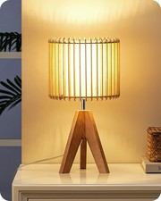 14.17" Small Table Lamp, Wood Tripod Bedside Lamp, Natural WoodColored Hollow...