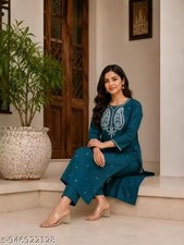 Indian Readymad Party Festive Wedding Rayon Kurta Kurti Pant Set for Women's Gif