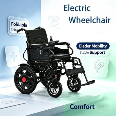 360° Joystick Black Steel Battery-Powered Electric Folding Wheelchair Compact