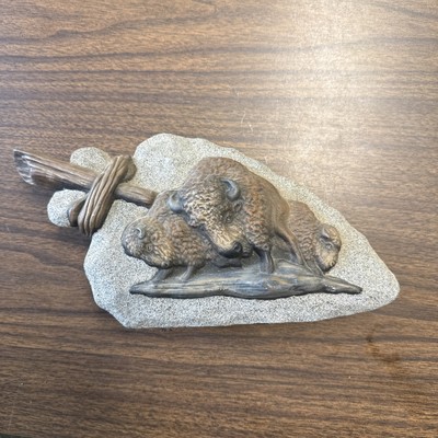 VTG Ceramic Native American FIGURINE OF Buffalo Family On An Arrowhead Mantle