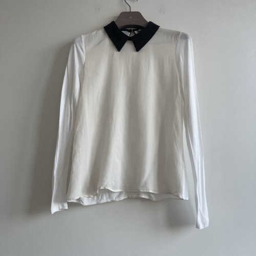 Hallhuber Donna Langarmshirt Seidenmischung weiß schwarz Perlenkragen Gr. EU38