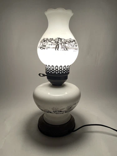 Vintage Currier and Ives Milk Glass Electric Lamp Horses Barn Farm White 14.5"