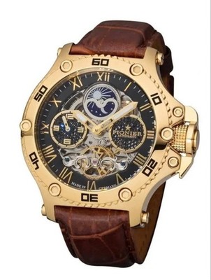 PIONIER Automatic Watch Gold/Black Leather Band From Japan