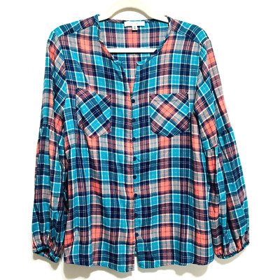 Daily Thread Blouse Sz L Blue Plaid Button Up Balloon Sleeve Country Prairie