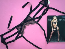 Victoria's Secret XS/S garter belt STOCKINGS BLACK BEIGE strappy lace SCANDALOUS