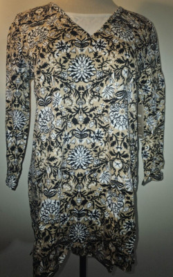 Women's White Stag Tan Black White Floral Geo 3/4 Sleeve Top Size Small