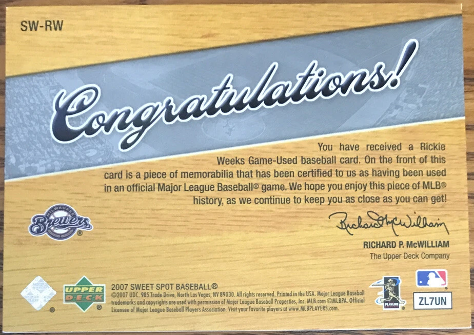 2007 Sweet Spot Sweet Swatch Memorabilia Rickie Weeks SW-RW Milwaukee Brewers - Image 2 of 2