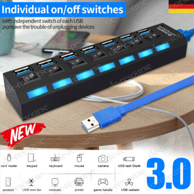 7 Port Splitter Adapter Netzteil Verteiler mit Aktiv USB 3.0 Hub für PC Laptop