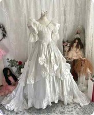 Satin White V-neck Bow Intricate Wedding Dresses Sweep Train Bridal Gowns