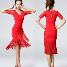 Women Latin Dance Dress Salsa V-neck Tango Ballroom Costume Tassel Rumba Classic