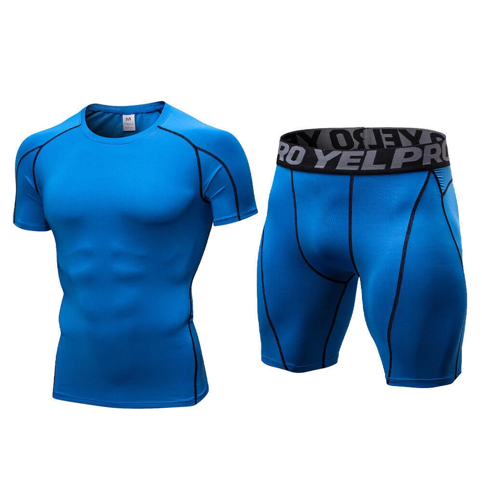 14 Color YEL-Pro Men's Compression Quick Dry Tops Shirts & Legging Shorts Suits - Image 4 of 4