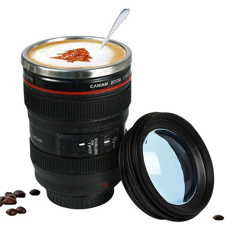 Camera Lens Coffee Mug Photography Design Stainless Steel Travel