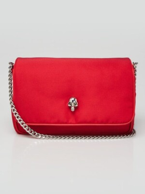 Alexander McQueen Faille Small Crystal Skull Chain Red Lust Crossbody Flap Bag