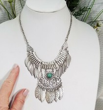 Silver Tone Leaf and Acrylic Turquoise Cabochon Bib Statement Choker Necklace