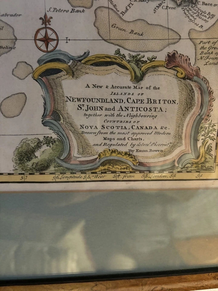 Mapa antiguo de Terranova y Nueva Escocia, Canadá por Emanuel Bowen (1744) Foto 2 de 2