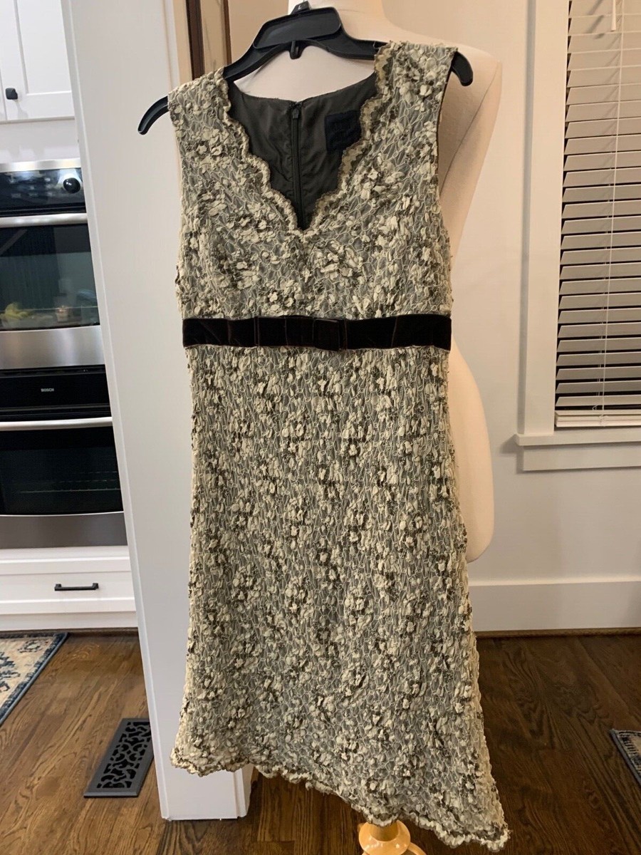 Vintage Anna Sui Floral Lace Dress With Chocolate Brown Velvet Bow- Lined-  Sz.8
