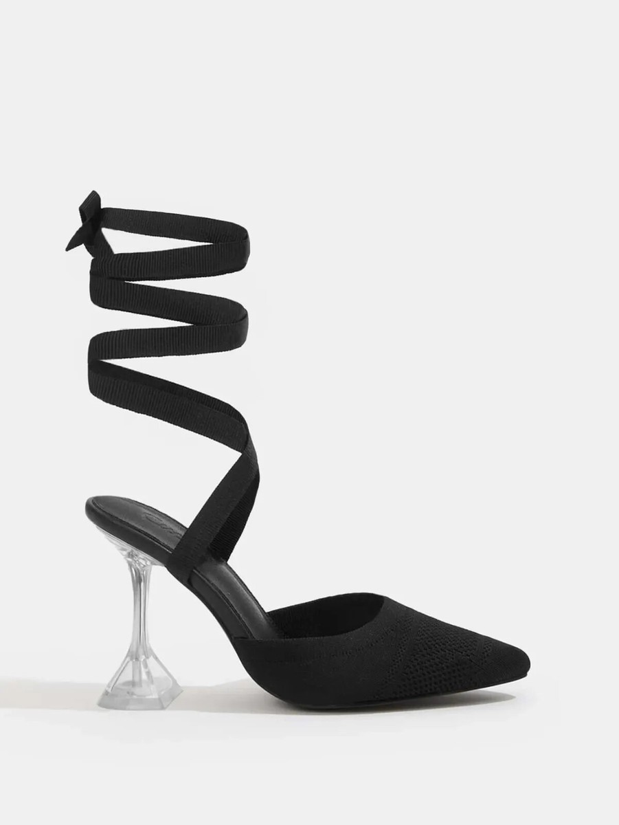 Cuccoo💗Black Fabric Pointed Toe Lace-up the Leg Pyramid 4