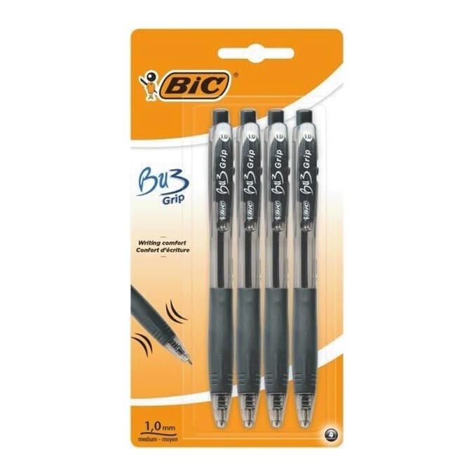 BLACK BIC Bu3 Grip Ballpoint Pen 4pc Blister