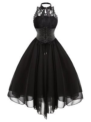 Womens Victorian Cross Lace Gothic Lace Dress Steampunk Halter Corset Dress  Back | eBay