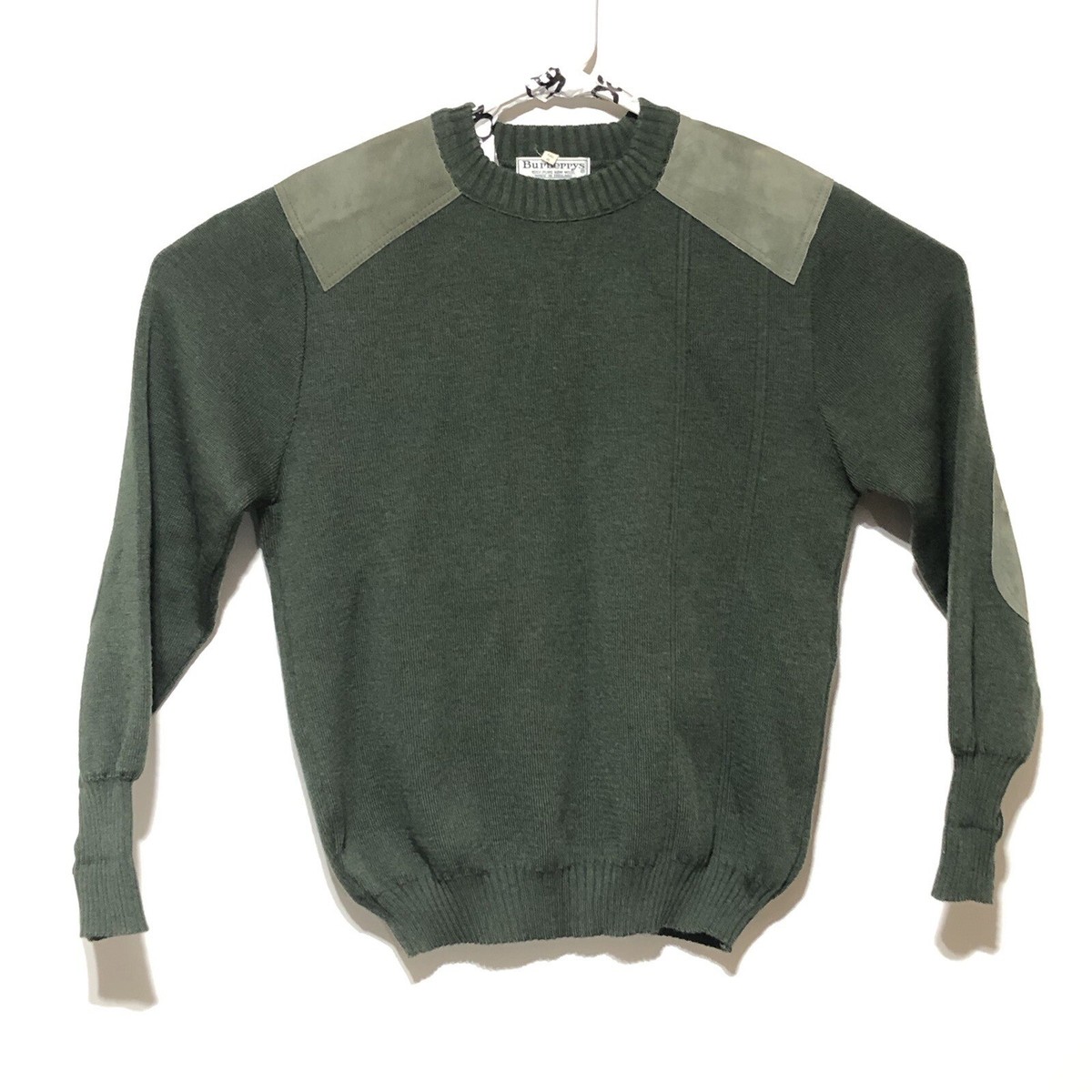 Vtg BURBERRY Leather Trim Wool Hunting/Military/WWII Sweater