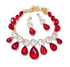 Red Necklace Earring Set Rhinestone Crystal