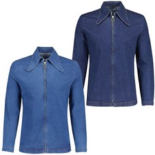 MENS RETRO MOD 60s 70s BEAGLE DAGGER COLLAR ZIP OVERSHIRT Ziggy DENIM MC1091