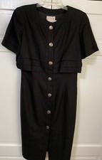Vtg 1970s David Warren for Saks Fifth Ave Black Short Sleeve Dress Linen Blend 8