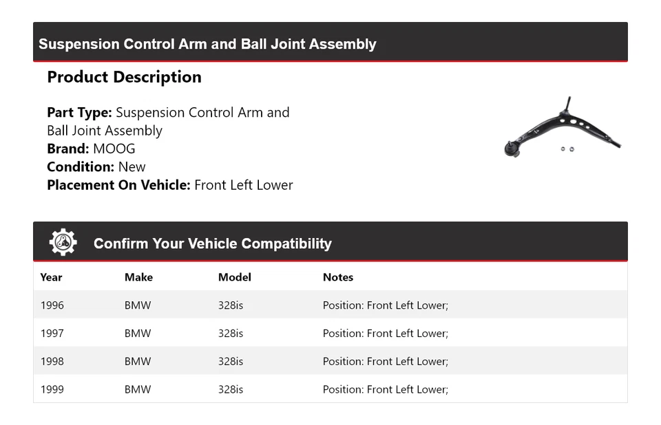 Conjunto de rótula de brazo de control delantero izquierdo inferior MOOG para BMW 328is 1996-1999 Foto 2 de 4