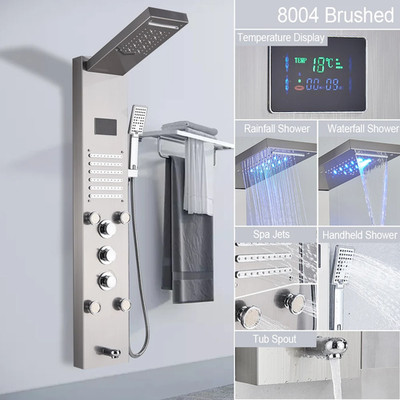 LED shower panel with waterfall, rain and digital display, tower system
