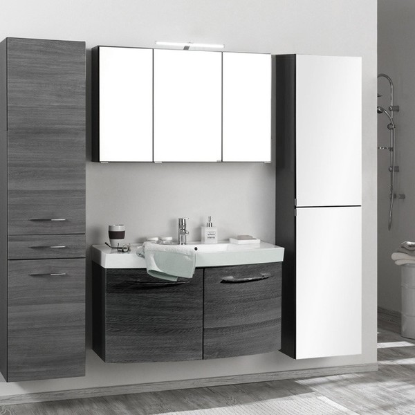 Komplett BadezimmermöBel Set Eiche Grau Waschtisch Spiegelschrank 2 HochschräNke-image