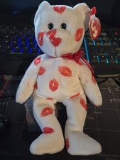 2000 Ty Beanie Baby Smooch Kisses White Teddy Bear Plush Animal Toy Valentine
