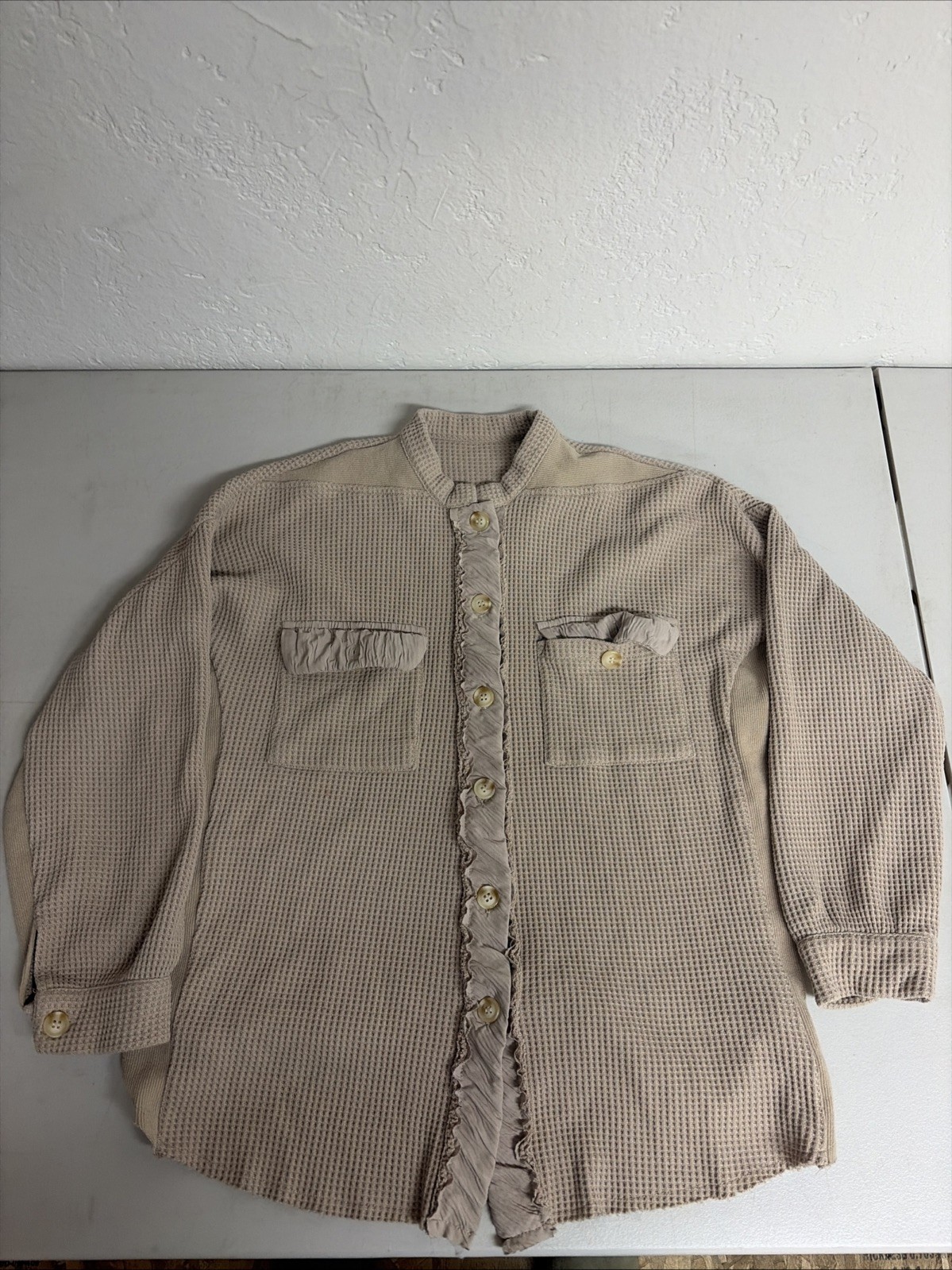 Small Beige Waffle Knit Button Up Patch Pockets C… - image 1