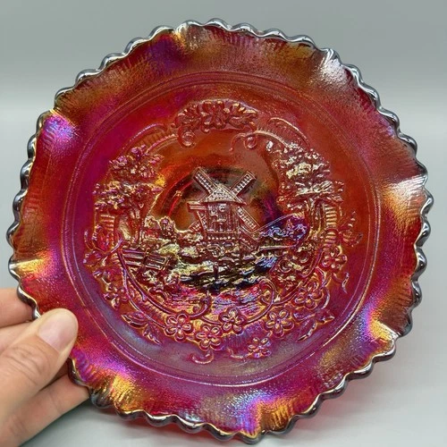Vintage Ruby Carnival Glass Bowl Windmill Design Ruffled Edge Imperial Glass