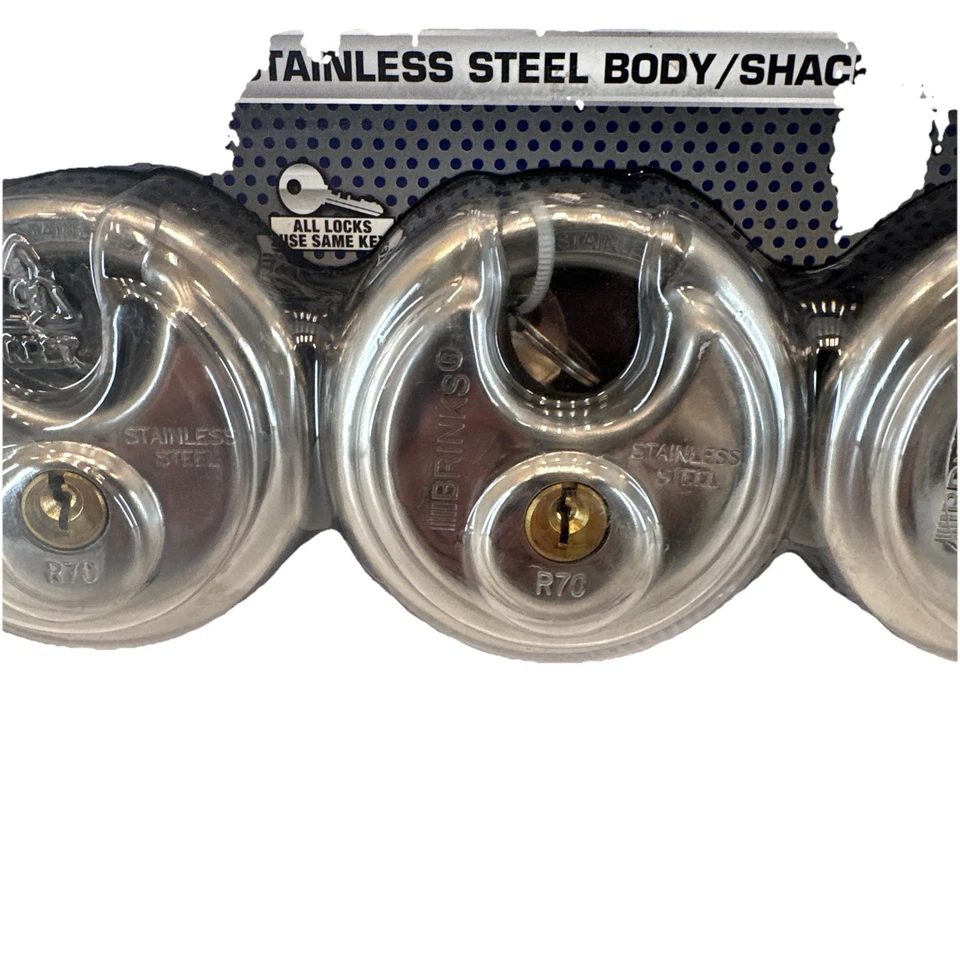 Brinks Discus Padlock 3 Pack Stainless Steel 70mm Keyed Alike with 5/8in Shackle - Image 3 of 4