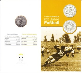 5€ 800er Silbermünze Österreich 2004 100 Jahre Fußball