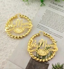 Custom Cute Hello Kitty Twist Earrings, Kawaii Name Earrings, Gold Hoop Earrings